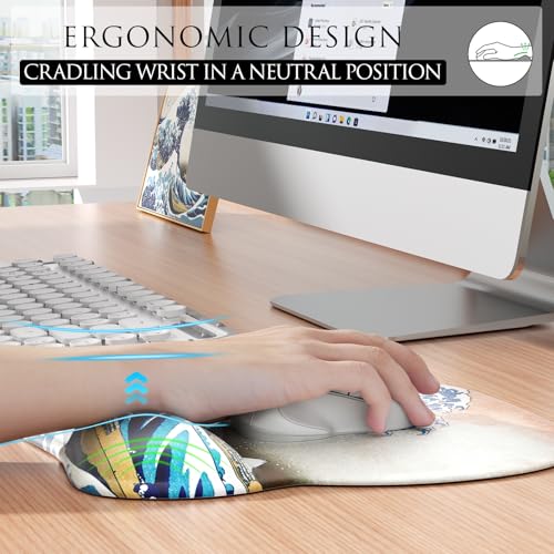MROCO Ergonomic Mouse Pad with Gel Wrist Rest, 9.4 x 8.1 in, Great Wave | Ergonomic Shape Design, Multiple Pattern Options, Gel Wrist Comfort, Smooth Lycra Surface, Non-Slip PU Base - color: Great Wave