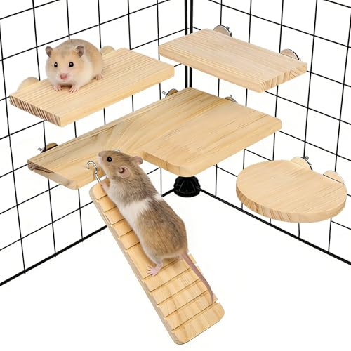 Hamster Cage Platform L-Shaped Wooden Hamster Cage Accessories Rat Climbing Toys Ledge with Ladder for Sugar Glider Mice Mouse Squirrel (M) - size: M