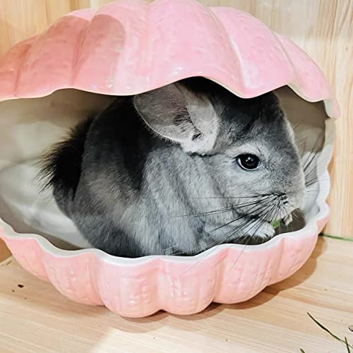 Small Animal Hideout Extra Large Ceramic Shell Shape Guinea Pig House Chinchilla Igloo Habitat Hut Cave Summer Bed Cage Accessories for Hedgehog Rabbit Hamster Gerbil Rat (XL (9.5''x7''x7.9''), Pink) - color: Pink
