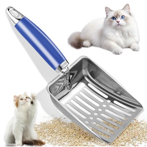 Cat Litter Scoop - Metal Cat Litter Scoop - Stainless Steel Scoop for Cats - Sturdy Metal Mesh - Rubber Handle - Easy to Clean, Suitable for Cat Litter Boxes (Blue) - color: blue