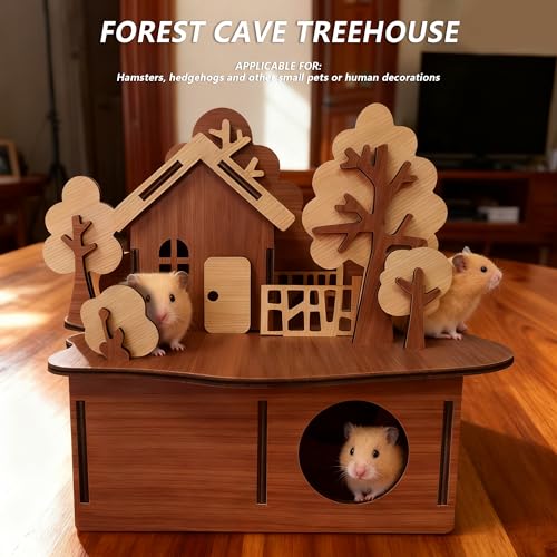 Wooden Hamster Cage, Multi-Level Natural Wood Hamster House with Ladder & Platform, Chewable & Roomy Habitat for Hamster, Mouse, Dwarf Hamster and Other Small Animals