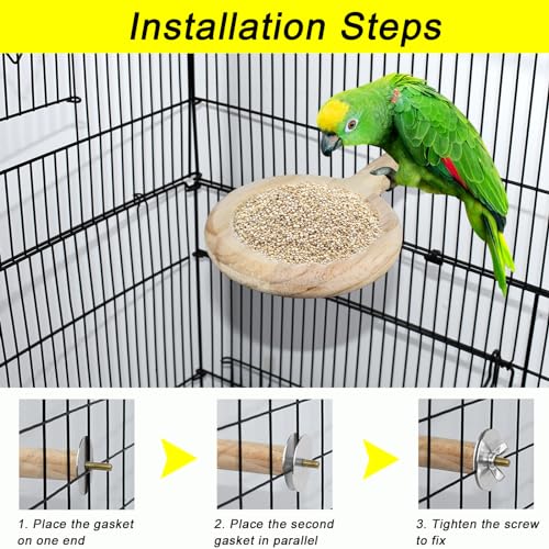 2-Pack Bird Perch Feeding Cup for Parakeet Cockatiel Budgie | Solid wood perch with stainless bowl secures to cage, preventing spills and scattered seeds for small birds - color: 2*large bird feeding cup