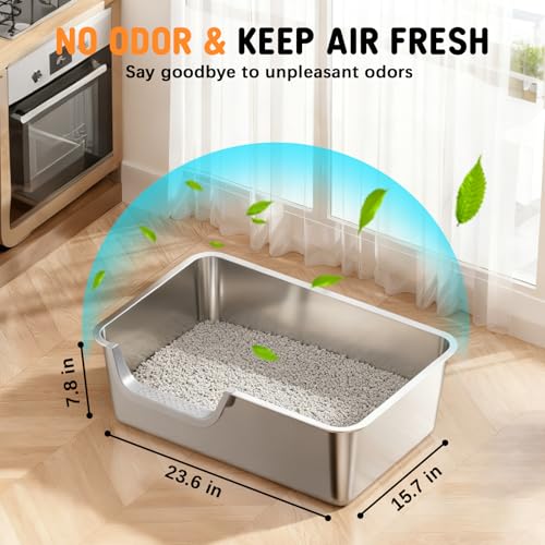 Stainless Steel Litter Box with High Sides,23.60" L X 15.7" W X 7.8" H,Extra Large Jumbo Cat Litter Box,XL Kitty Metal Liter Box for Indoor Big Cats,Non-Sticky,Anti-Leakage(Left Entry) - size: Left Entry (Long Side)