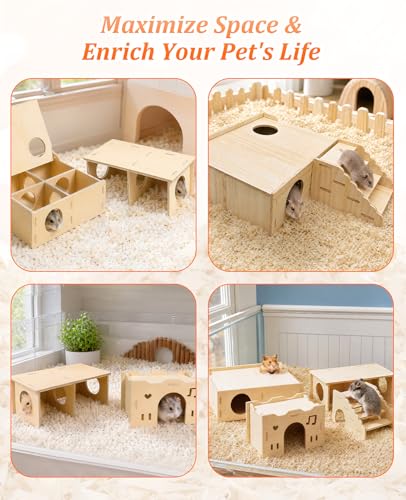 4-Piece Wooden Hamster Hideout Set, Multi-Chamber Maze House, Hideout-Tunnel & Climbing Ladder, Wood Cage Accessories for Dwarf Hamsters & Mice