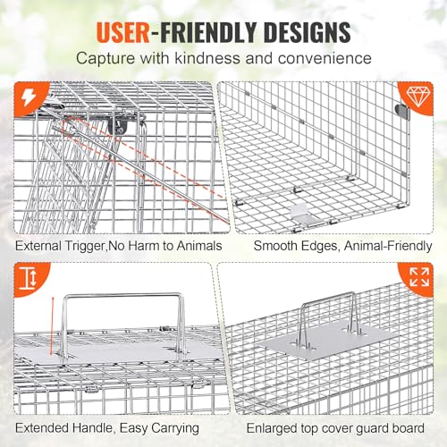 VEVOR Live Animal Cage Trap, 42" x 16" x 18" Humane Cat Trap Galvanized Iron, Folding Animal Trap Cage with Handle for Stray Dogs, Armadillos, Raccoons, Foxes - size: 42" x 16" x 18"