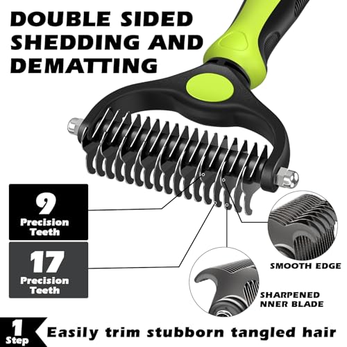 Professional 3PCS Self Cleaning Slicker Brush & Pet Grooming Rake & Flea Comb for Dogs,Cats and Horses | Double-Sided Dematting Comb & Skin Friendly Deshedding Grooming Tool | Pet Supplies (Green) - color: Green