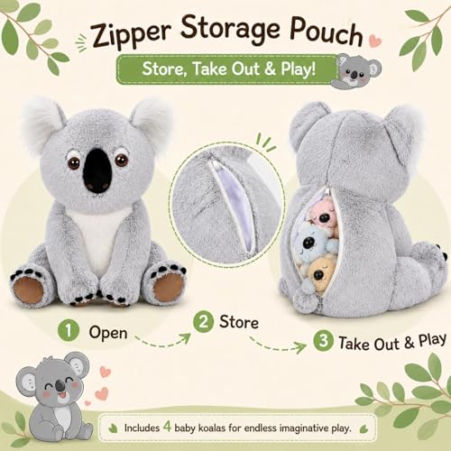 Koala Plush Toy with Babies, 17.7“ Wild Animal Stuffed Animal | Mother and Baby Plushies; Zipper Belly Storage; Hide-and-Seek Play; Soft Cuddly Companion; Christmas Birthday Gift for Kids - style: Koala Gray