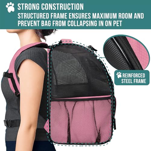PetAmi Dog Backpack Carrier Airline Approved Cat Pet Puppy Bag, Pink | Ideal for Small Medium Large Pet up to 18 lb, 2 Side Entry Structured No-Collapse Frame, Ventilated Bookbag for Hiking Travel - color: Pink