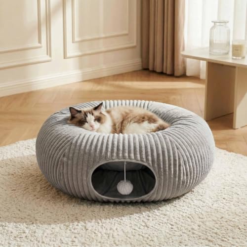 Cat Tunnel Bed for Indoor Cats, Peekaboo Cat Cave Bed,Soft Cat Donut Tunnel for Kitten Large Cats, Grey - color: Grey
