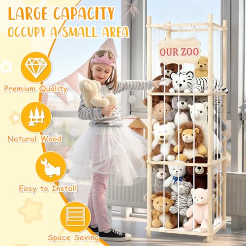 Stuffed Animal Storage & Organizer, Wooden Large Capacity Stuffed Animal Zoo with Elastic Cords, Sturdy Space-Saving Plushie Toy Shelf Cage Tower for Bedroom Playroom Nursery 54 in, Easy to Install
