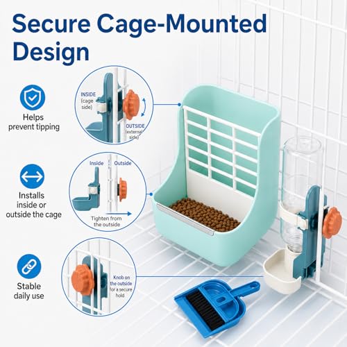HERCOCCI Rabbit Hay Feeder and Water Bottle Set, 500ml Bunny Water Dispenser with Food Bowl, 2-in-1 Hay Rack Feeder for Guinea Pig, Chinchilla, Hedgehog, Small Animals - color: BLUE