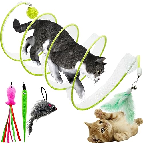 Self Play Cat Hunting Spiral Tunnel Toy, Folded Cat Spring Tunnel Toys for Indoor Cats (Green) - color: Green