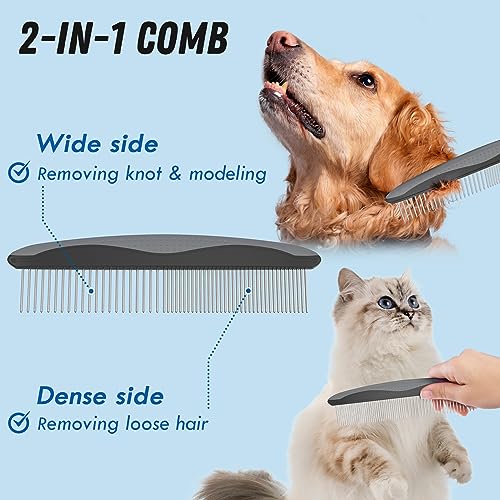 Docrok Pet Grooming Brush and Metal Comb Combo for Dogs & Cats, Gray | Dematting Deshedding Undercoat Rake, Cat Brush Dog Brush Shedding Tool for Long Matted Haired Pets - color: Gray