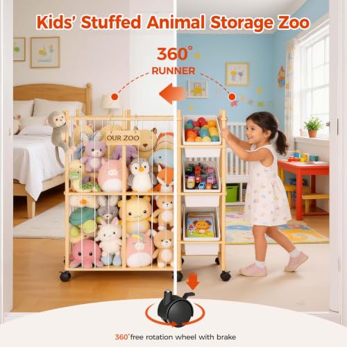 Toy Storage Organizer with 3 Removable Bins, Kids Storage Toy Shelf Organizer for Stuffed Animal Holder for Bedroom Playroom Nursery | Wood & White