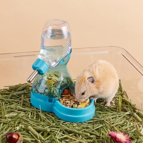 2 in 1 Hamster Water Bottle No Drip with Large Capacity Automatic Food Dispenser Small Animal Feeder for Syrian Dwarf Hamster Mouse Rat Degu (Blue, 3oz) - color: Blue