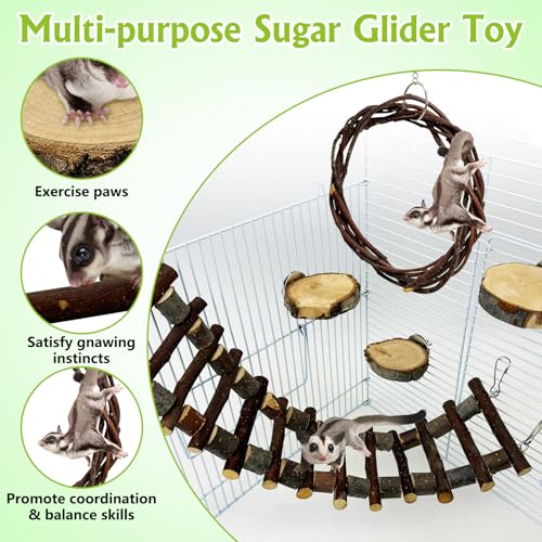 BNOSDM Sugar Glide Cage Accessories 6 Packs Wood Sugar Glider Toys and Hamster Wood House with Ladder Bundle
