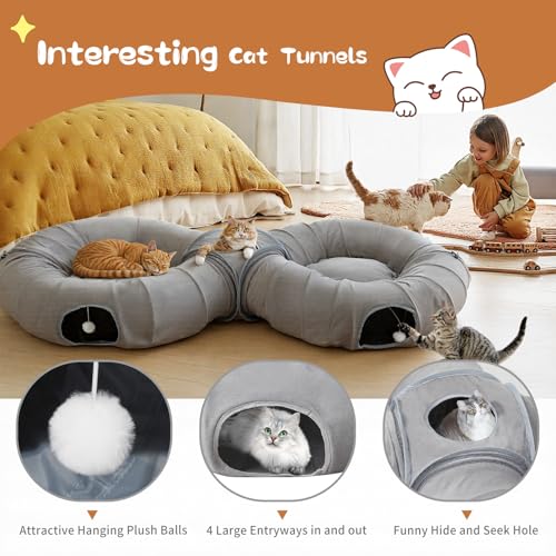 Pawaboo 2-in-1 Cat Tunnel Bed, 8-Shaped Cat Tunnels, Grey | Foldable Cats Cave Hideout Kitty Toys with Fluffy Balls, Donut Tunnel for Kitten Rabbit Ferret - color: Gray, size: 68.9 x 31.5 x 11.8in