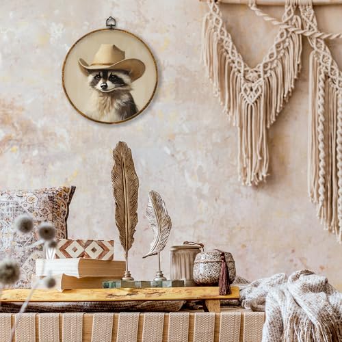 shiviody Vintage Cowboy Canvas Wall Art Decor, Retro Western Raccoon Wall Decor, Funny Animal Cowboy Hat Round Hanging Frame Prints Decorations for Bedroom Bathroom Boys Room 10"x10" - color: Animals-7