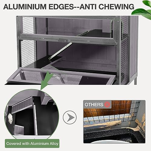 Guinea Pig Cage, Moveable Metal Frame Hamster Cage Anti-Chewing with Aluminium Alloy Edge, Hideouts, Ramps, Seesaws Chewing Toy, Deeper Pull-Out Leakproof Tray for Indoor Outdoor(Grey) - color: Grey