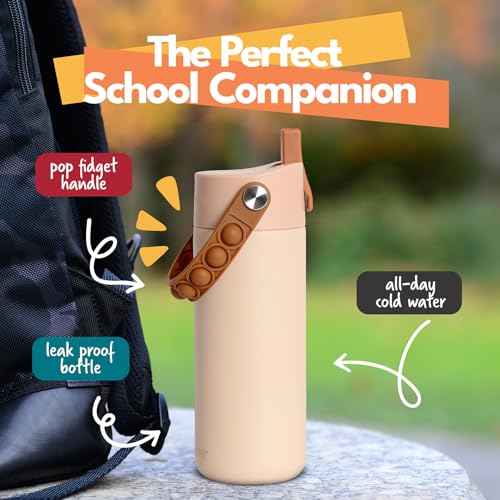 Elemental Insulated Kids Water Bottle, Stainless Steel Water Bottle with Straw Lid & Pop-It Handle, Leak-Proof Water Bottles for School, Boys or Girls, Travelling and Sports, 18oz - Beige - color: Beige
