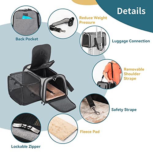 Petsfit Expandable Cat Carrier, 16"X10" X9" Pet Carrier Airline Approved, Soft-Sided Collapsible, Pet Carrier with Locking Safety Zippers, Removable Soft Plush Mat, Pocket for Pets up to 10lbs, Gray,S - color: Gray, size: 16.0"L x 10.0"W x 9.0"H