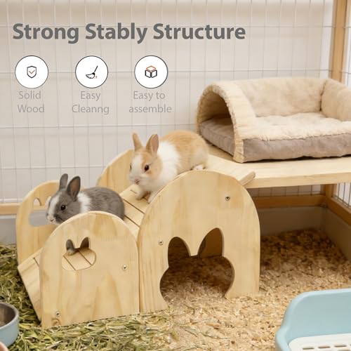 Large Bunny Hideout Wooden Bunny House with Ramp Rabbit Castle(Ladder) | solid wood guinea pig hideout chinchilla house with detachable panels,rabbit hide with ramp hideaways and climbing areas - style: Ladder