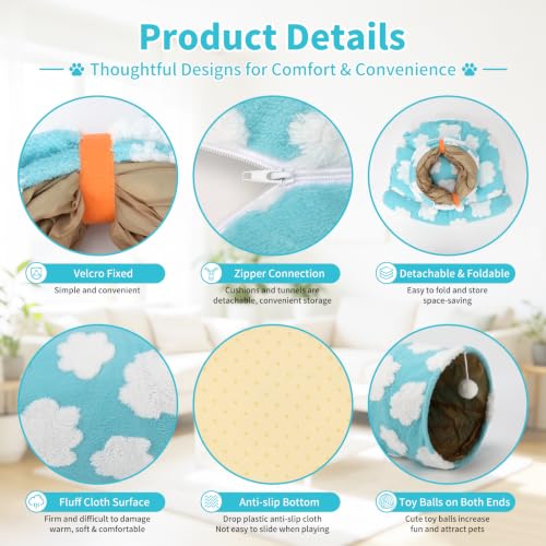 BWOGUE Bunny Tunnel Bed, 2-in-1 Collapsible Rabbit Tunnel Hideout with Mat | Removable Mat for Washing, 46.8 in Length, Ball Toy for Play, Cats Rabbits Guinea Pigs, Clouds Blue - color: Clouds Blue