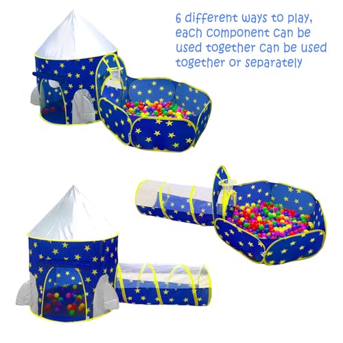 PigPigPen 3pc Kids Play Tent for Boys with Ball Pit, Crawl Tunnel, Princess Tents for Toddlers, Baby Space World Playhouse Toys, Boys Indoor& Outdoor Play House, Perfect Kid’s Gifts - style: 3PC Blue Star Play Tent