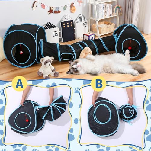 Pet Cat Tunnel, Tunnel Tent Set Tunnels for Indoor Cats, Collapsible Pet Tunnel for Kitten, Puppy, Rabbit, 25cm-Wide Tunnels, Durable & Breathable, with Peek Hole Toy Ball - color: Tunnel Connector Set & Black/Blue
