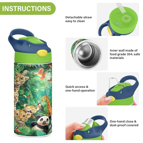OTVEE Animal World Kids Water Bottle with Straw Lid 12 oz Insulated Stainless Steel Leakproof Duck Mouth Tumbler Cup for Boys Girls Teen School - color: Animal World