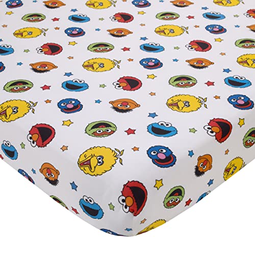 NoJo Sesame Street Come and Play Blue, Green, Red and Yellow, Elmo, Big Bird, Cookie Monster, Grover and Oscar The Grouch 2 Piece Toddler Sheet Set - Fitted Bottom Sheet and Reversible Pillowcase - color: Sesame Street Come and Play