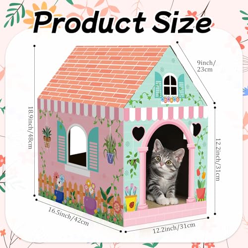 Cinrobiye Cardboard Cat House with Scratcher Spring Pet Board Bed Cave Playhouse Hideaway Hideout Condo Decor Small Animals Scratch Box for Indoor Cats Kittens Rabbits Bunny - color: Pink