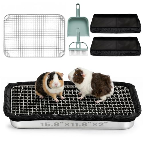 Guinea Pig Litter Box & Rabbit Litter Box – Stainless Steel Tray with Grid, Dual-Layer Mesh Top & Bottom Reusable Waterproof Liner, Easy-to-Clean, 2 inch Low Entry