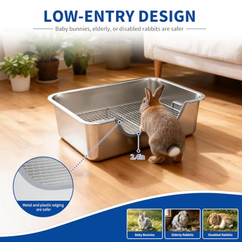 Stainless Steel Rabbit Litter Box with Hay Feeder & Sifting Grid | Bunny Litter Box Kit with Bowl & Tunnel, 6-Inch High Sides Help Reduce Mess, Low Entry for Easy Access, Grid for Drier Paws - size: S(15.8"×11.8"×5.9")