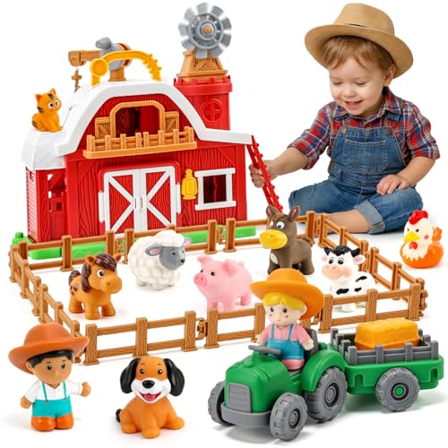 All-in-One Farm Barn Toy Set,Pretend Play Gift for Boys Girls 2 3 Years Old | Barn Toy Set with Farm Animal Figures for Toddlers,Tractor&Fence,Educational Montessori-style Play Sets with Light&Sounds