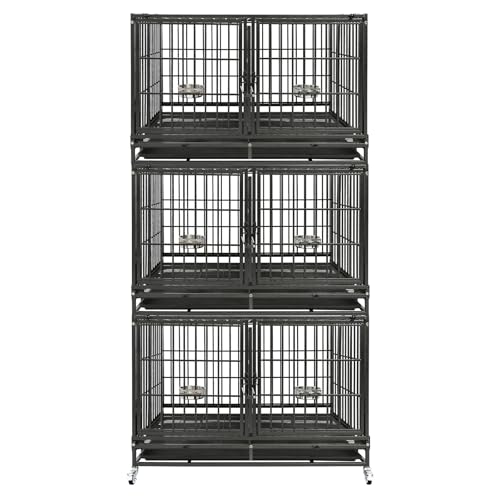 Homey Pet Three Tiers 43 inch Heavy Duty Dog Crate with Wheels, Dual Doors | Stackable Indestructible Steel Dog Cage Kennel Indoor with Divider, Trays, Bowls, Escape Proof Locks for Breeders and More - size: 43.0"L - 3 Tiers - 1P