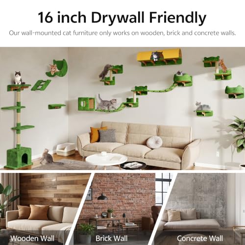 26-in-1 Cat Wall Shelves with Cat Tree, 40''L Tunnel, Moon, Green | Wall Mounted Cats Furniture Set with Plush Fabric, Cat Climbing Systems for 16 Inch Drywall, with Scratching Posts, Bridge - color: Green, size: 26-in-1