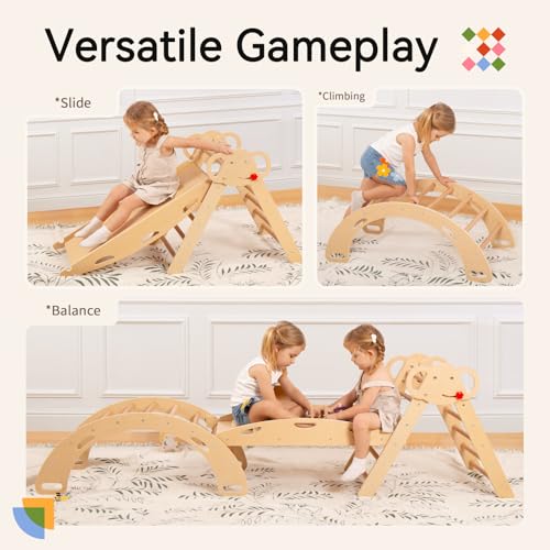 Pikler Triangle Set, Montessori 8-in-1 Climbing Set with Cushion | Wood Jungle Gym for 18M-5Y, Foldable, Reversible Animal Slide, Patent-Protected, 2.35in Gap, ASTM F963, Wood - color: Teak