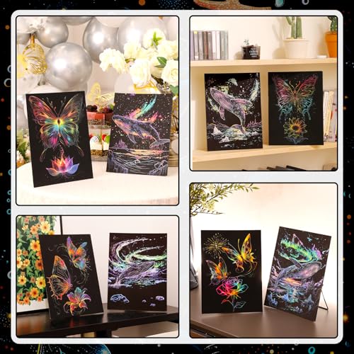 Gersoniel 8 Pack Dark Scratch Glow Art Adults Butterfly,Whale | Noctilucent Rainbow Engraving Sheets Reveal Vibrant Colors, Includes Wooden Stylus and Cleaning Brush for DIY Crafts - color: Hummingbird，butterfly