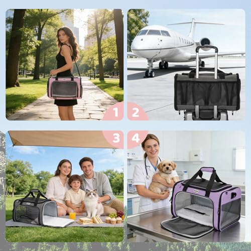 Pet Carrier for Cats & Small Dogs, Travel Carrier with Anti-Collapse Support, Chew Resistant Buckles, Luggage Sleeve, Multi-Pocket Storage, Reversible Mat & Bowl (Pink, Medium (17.5"x11"x11.5")) - color: Pink