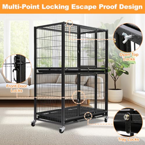 Homey Pet 31 Inch Two Tiers Heavy Duty Dog Crate with Lockable Wheels | Escape Proof Metal Wire Drop Cage for Dogs with Lockable Wheels, Removable Tray & Grids, Top Access for Small Dogs and Pets