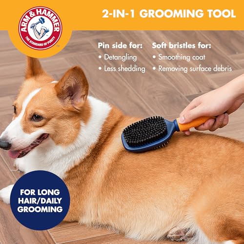 Arm & Hammer Deodorizing Pin & Bristle Dog Brush, Apple & Rose Scent | Fragrance transfer technology, baking soda infused, detangling and deshedding, for long-haired dogs daily - size: 1-Pack, style: Pin/Bristle Duo Brush - Sweet Apple & Rose