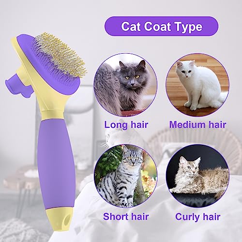 Cat Brush for Grooming and Shedding, Self-Cleaning Silicone Brush for Short and Long Haired Cats, Cat Gifts for Pet Lovers (purple) | For Indoor Cats,Removes Loose Hair,Reduces Shedding,Soft Rounded Tips,Ergonomic Silicone Handle,Gentle Massage,Easy Groom
