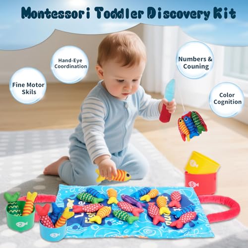 Baby Montessori Sensory Toy 6-18 Months, Ocean Soft Cloth Activity Toy | Fishing Game with Stacking Cups & Color Sorting, Educational Early Learning Toys for Infants, Birthday Gift for Boys Girls
