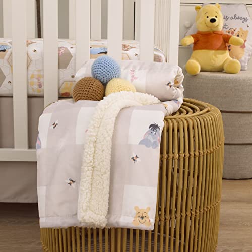 Disney Winnie The Pooh Hugs and Honeycombs Grey and White Plaid with Piglet, Tigger and Eeyore Super Soft Sherpa Baby Blanket - color: Winnie the Pooh - Hugs and Honeycombs