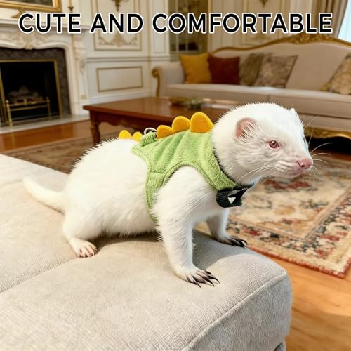 Harness and Leash Set for Small Pets, Dinosaur Shaped Vest Harness, Adjustable Soft Plush Vest with Bell for Guinea Pigs, Ferrets, Hamsters, Hedgehogs - Safe Outdoor Walking Adventure Gear,Green