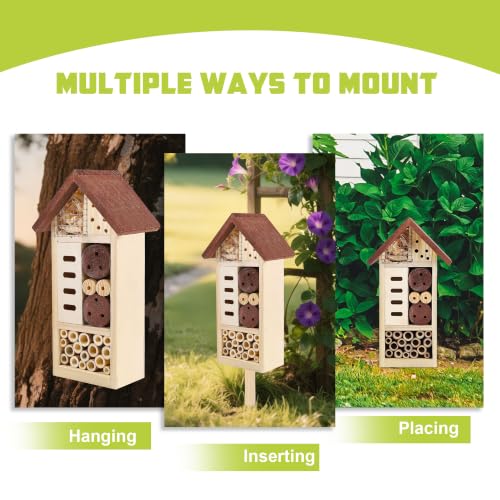 Lulu Home Wooden Insect House with Stake, 19.7 X 3.4 X 5.4 Inch | Hanging & Inserting Two Mount Ways, For Bee, Butterfly, Ladybirds, Beneficial Insect Habitat, Bug Hotel Garden