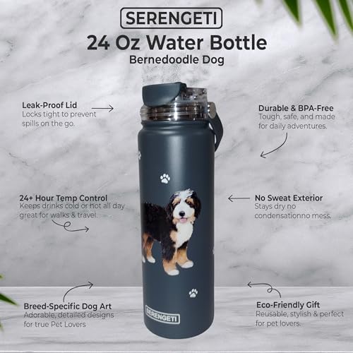 E&S Pets SERENGETI 24 Oz Water Bottle Stainless Steel with Spill Proof Lid - Double walled Vacuum Insulated water flask - Realistic 3D Print of your favorite dog (Bernedoodle) - color: Bernedoodle