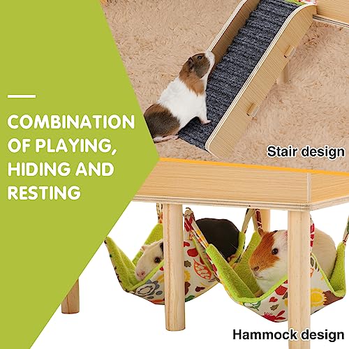 MEWTOGO Guinea Pigs Hammock with Platform, Wooden Guinea Pig Hideout with Stairs, Safe and Durable Small Pet Bed for Piggies Chinchilla Rat Hamster Bunny (Double Hammocks)