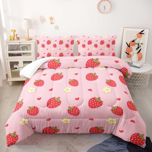 Nttopship Cute Strawberry Comforter Set, Kids Bedding Set, Full Size, All Season, 1 Comforter, 2 Pillowcases - color: Cute Strawberry, size: Full